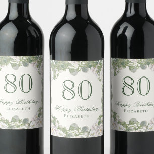 Elegant Ivory Floral 80th Birthday Wine Label
