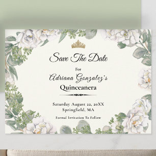 Elegant Ivory Floral and Sage Green Quinceanera Save The Date