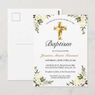 Elegant Ivory Floral Baby Baptism Postcard