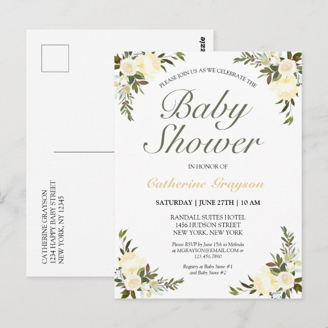 Elegant Ivory Floral Baby Shower Invitation Postcard (Front/Back)