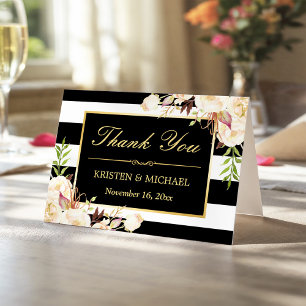 Elegant Ivory Floral Black White Stripes Thank You Card