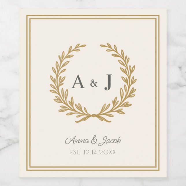 Elegant Ivory Floral Crest Monogram Wedding Wine Label (Single Label)
