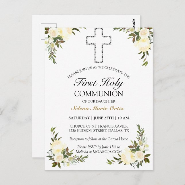 Elegant Ivory Floral First Holy Communion Postcard (Front/Back)