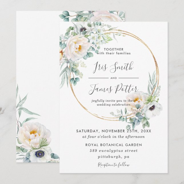 Elegant Ivory Floral Greenery Gold Frame Wedding  Invitation (Front/Back)