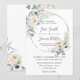 Elegant Ivory Floral Greenery Gold Frame Wedding  Invitation