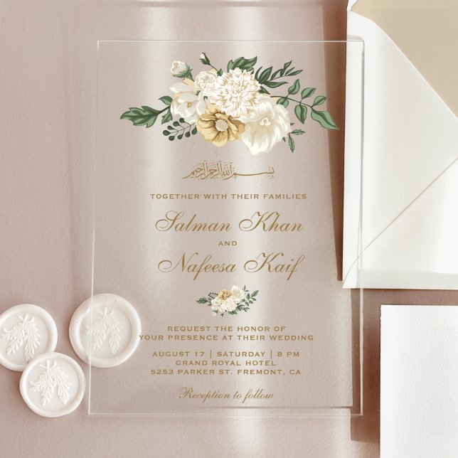 Elegant Ivory Floral Islamic Muslim Wedding Acrylic Invitations (Creator Uploaded)