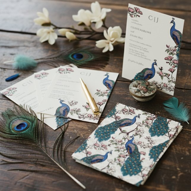 Elegant Ivory Floral Peacock Wedding Invitation (Chic Floral Peacock Wedding Invite. Elegant Bird and Flower Pattern for Peacock Theme Wedding.)
