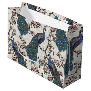 Elegant Ivory Floral Peacocks and Magnolia Flowers Large Gift Bag