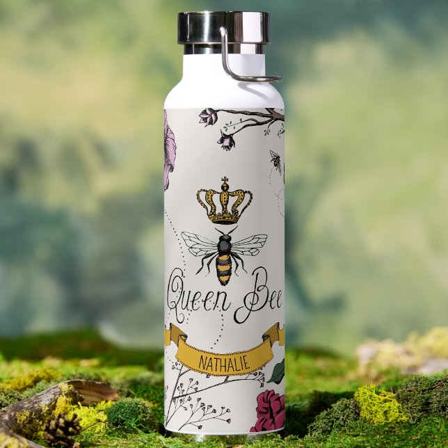 Elegant Ivory Floral Queen Bee Personalised Water Bottle (Elegant Queen Bee Water Bottle for Her. Hand Drawn Queen Bee, Gold Crown, Exotic  Flowers with Name)