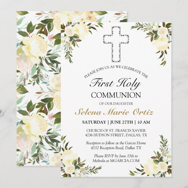 Elegant Ivory Floral Rose First Holy Communion  Invitation (Front/Back)