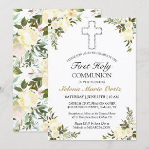 Elegant Ivory Floral Rose First Holy Communion  Invitation