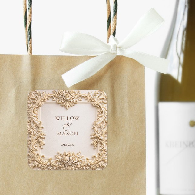 Elegant Ivory Floral Scroll Wedding  Square Sticker (Elegant Ivory Floral Scroll Wedding Square Sticker)