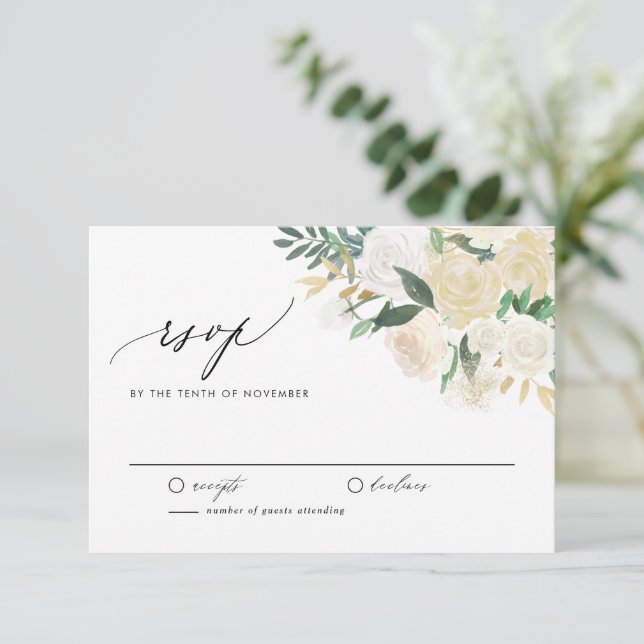 Elegant Ivory Flowerd and Greenery Floral Wedding RSVP Card (Standing Front)