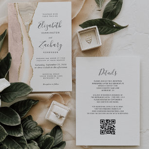 Elegant Ivory Gold Agate QR Code Wedding Invitation