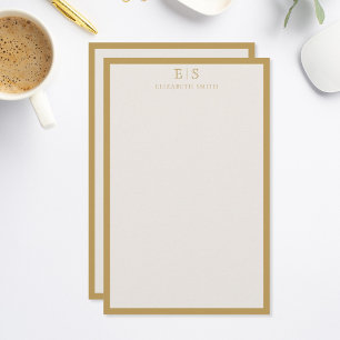 Elegant Ivory Gold Border Monogram Stationery