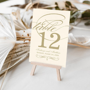Elegant Ivory Gold Calligraphy Monogram Wedding Table Number