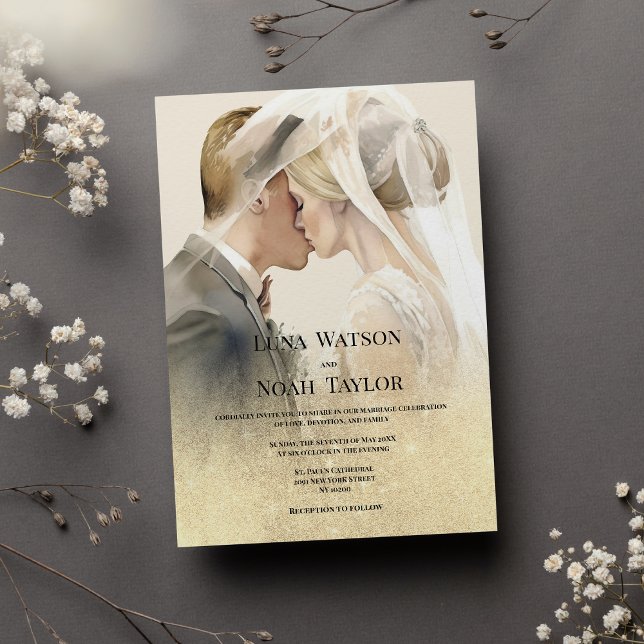 Elegant ivory gold glitter couple photo Wedding  Invitation (Elegant ivory gold glitter couple photo Wedding )