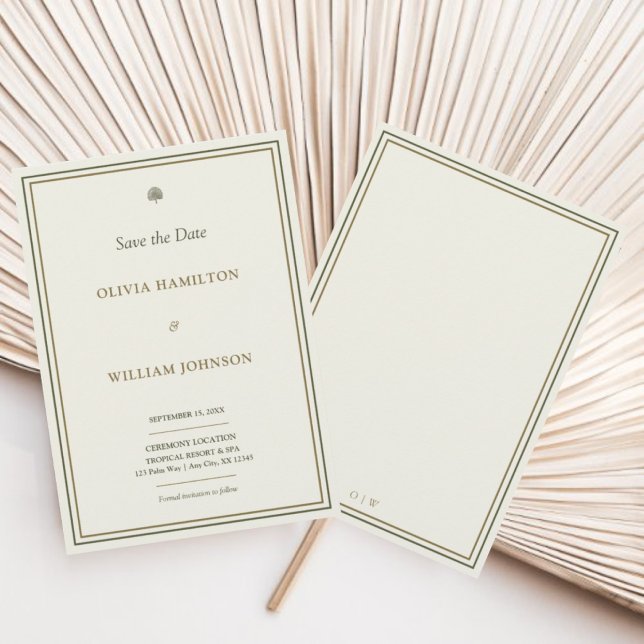 Elegant Ivory & Gold Green Border 5x7 Save The Date (Elegant save the date card with monogram back — timeless wedding stationery.)