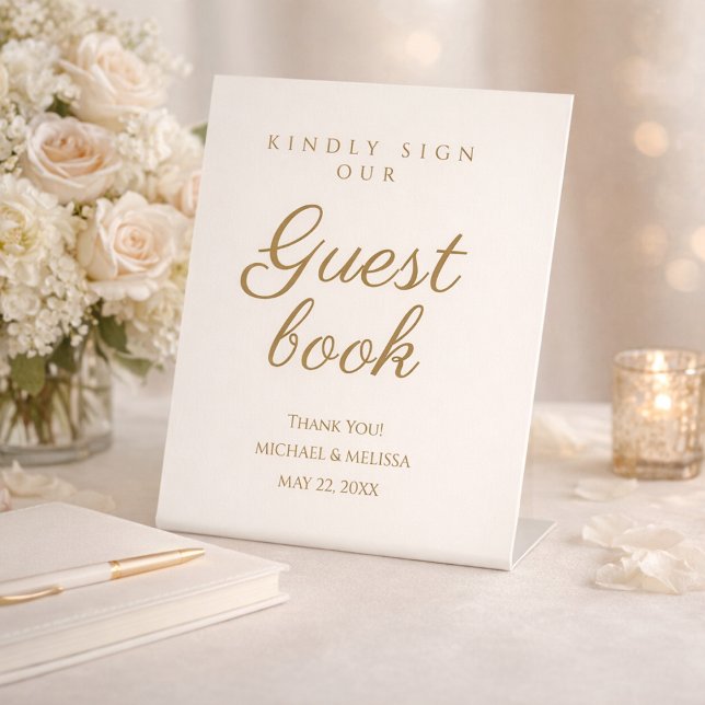 Elegant Ivory Gold Guest Book Message Pedestal Sign (Elegant ivory and gold guest book sign displayed on a styled reception table)