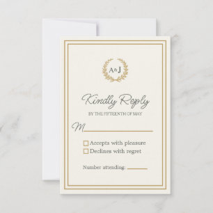 Elegant Ivory Gold Monogram Laurel Wreath Wedding RSVP Card