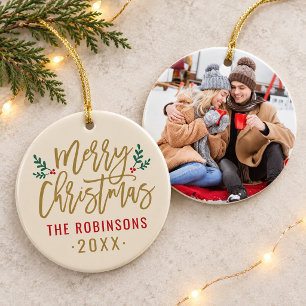 Elegant Ivory Gold Script Merry Christmas Photo Ceramic Tree Decoration