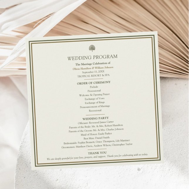 Elegant Ivory Gold Tropical Palm Wedding Programme (Elegant square wedding program with modern minimalist design for timeless celebrations.)