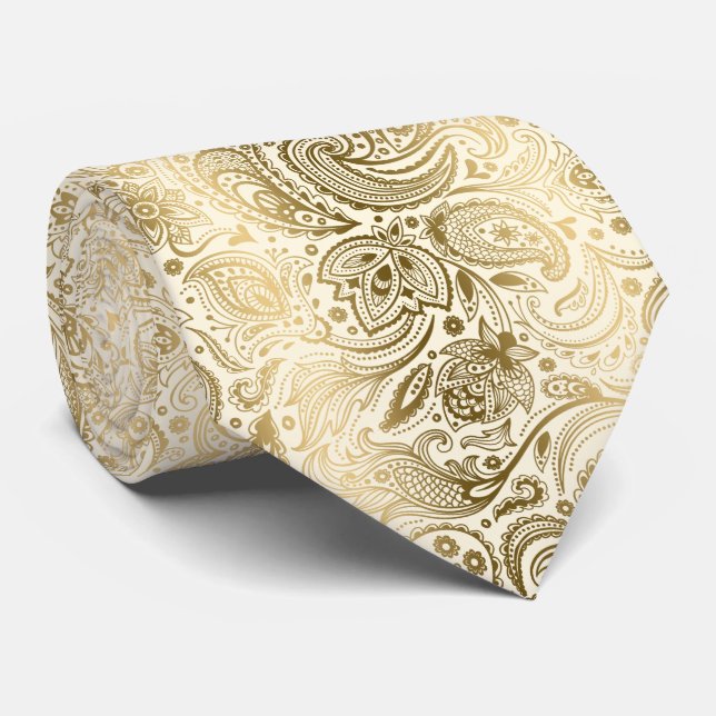 Elegant Ivory & Gold Vintage Paisley Pattern Tie (Rolled)