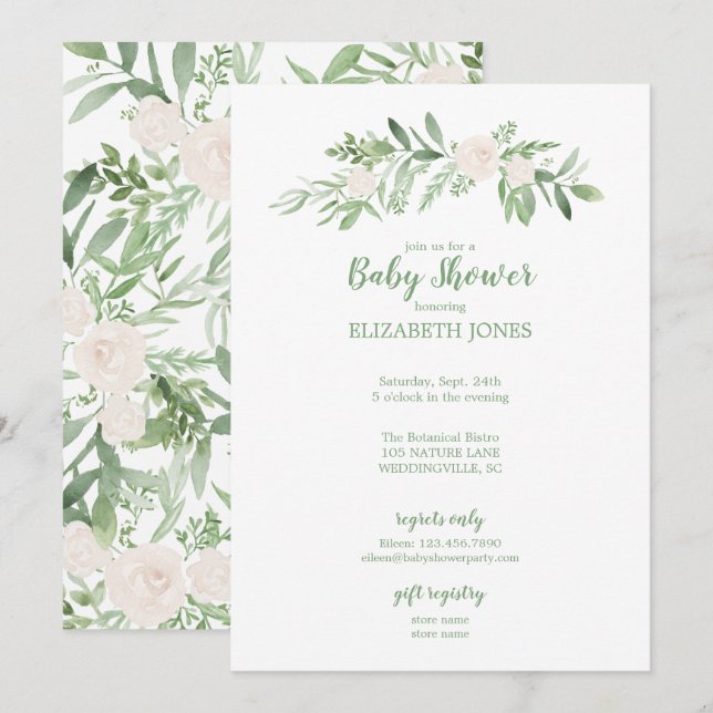 Elegant Ivory & Green Floral Baby Shower Invitation (Front/Back)