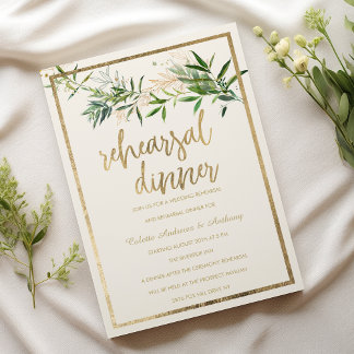 Elegant ivory green gold foliage Rehearsal Dinner Invitation