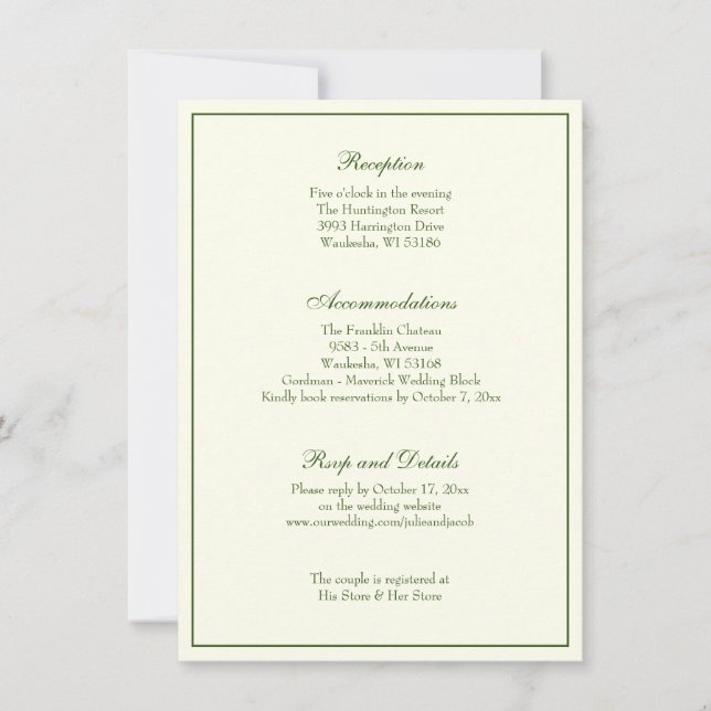 Elegant Ivory Green Wedding Reception Invitation (Front)