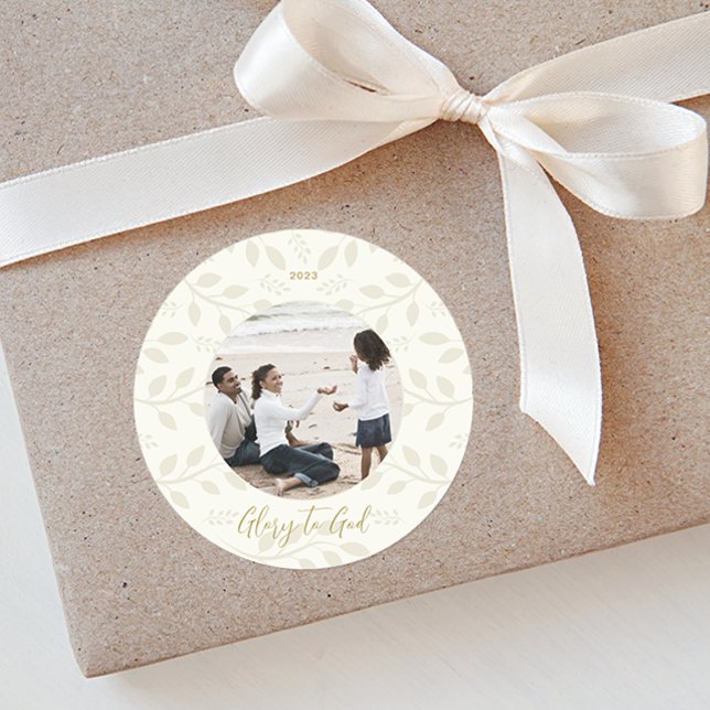 Elegant Ivory Leaves Glory to God Christmas Photo Classic Round Sticker (Creator Uploaded)