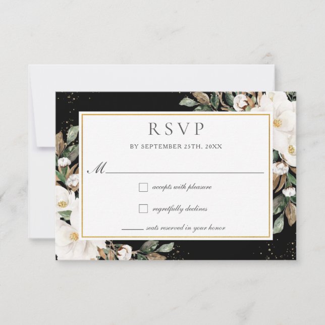 Elegant Ivory Magnolia Cotton Floral Wedding RSVP Card (Front)