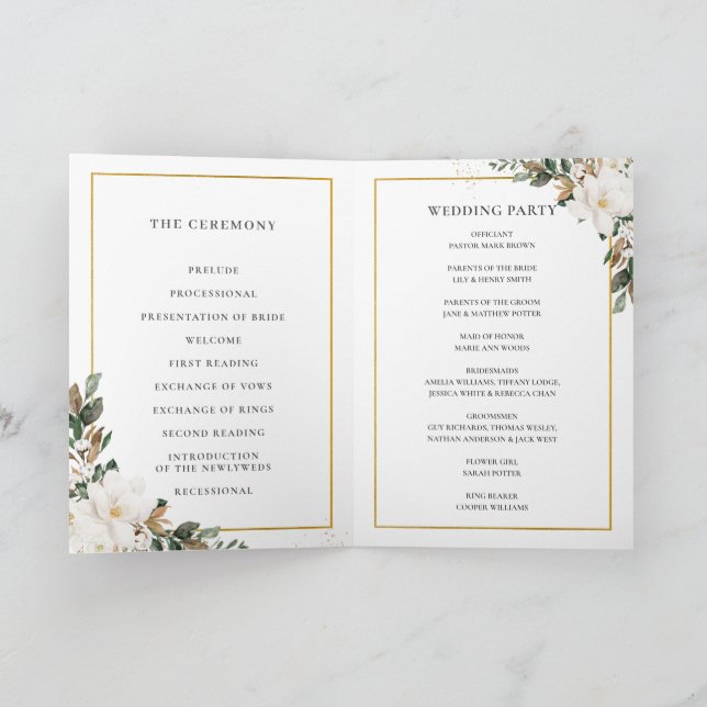 Elegant Ivory Magnolia Floral Greenery Wedding  Programme (Inside)