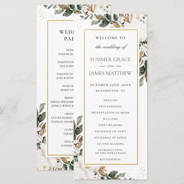 Elegant Ivory Magnolia Floral Greenery Wedding Programme (Front/Back)