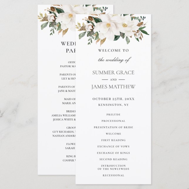 Elegant Ivory Magnolia Floral Greenery Wedding  Programme (Front/Back)