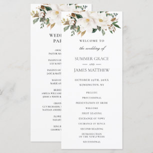 Elegant Ivory Magnolia Floral Greenery Wedding Programme