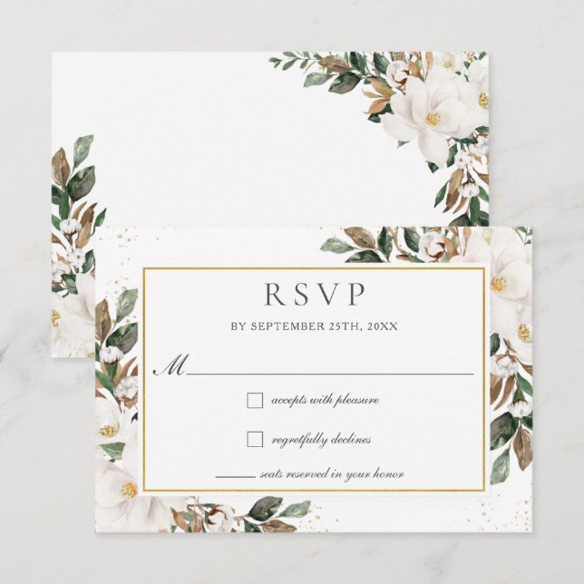 Elegant Ivory Magnolia Floral Greenery Wedding   RSVP Card (Front/Back)