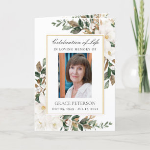 Elegant Ivory Magnolia Floral Leafy Photo Funeral Programme
