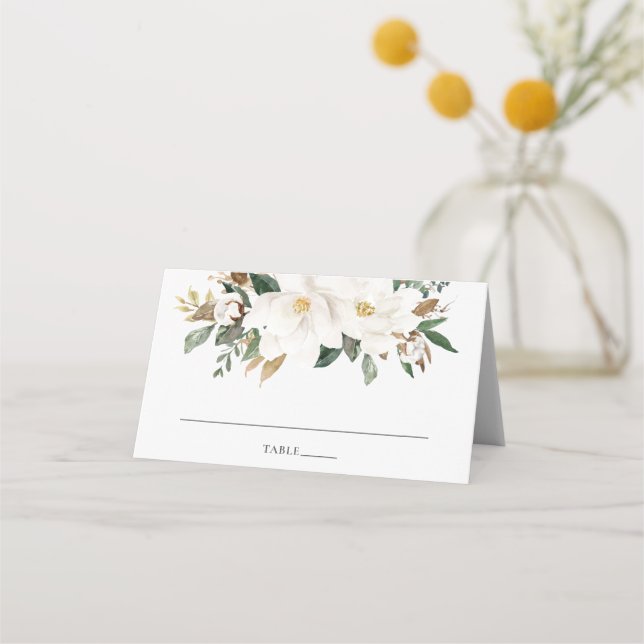 Elegant Ivory Magnolia Greenery Wedding Guest Name Place Card (Front)