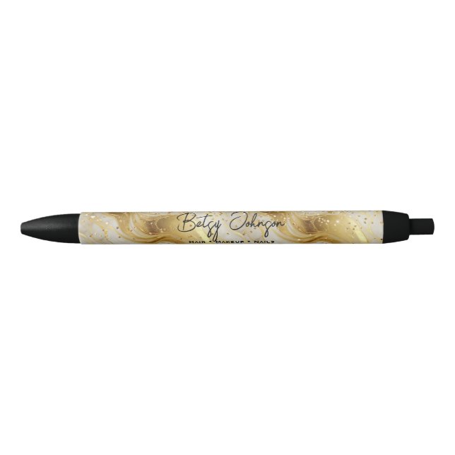 Elegant Ivory Marble and Gold Glitter Black Ink Pen (Front)