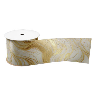 Elegant Ivory Marble and Gold Glitter Satin Ribbon