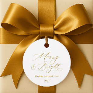 Elegant Ivory “Merry & Bright” Gold Script Favour Tags