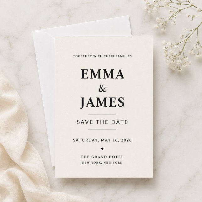 Elegant Ivory Minimalist Save The Date Card (Elegant ivory Save The Date card with white envelope on a luxury marble background.)