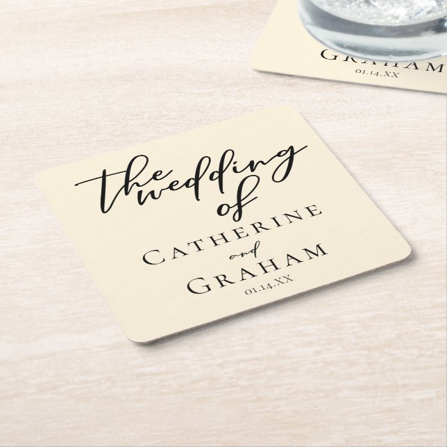 Elegant Ivory Minimalist Wedding Personalised Square Paper Coaster (Angled)