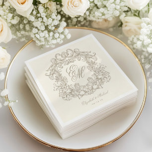 Elegant Ivory Monogram Crest Script Wedding Napkin