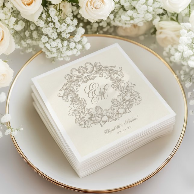 Elegant Ivory Monogram Crest Script Wedding Napkin (Creator Uploaded)