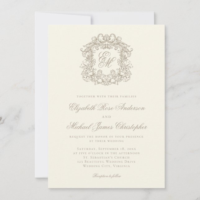 Elegant Ivory Monogram Crest Wedding Invitation (Front)