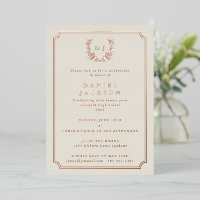 Elegant Ivory Monogram + Laurel Wreath Graduation (Standing Front)