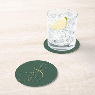 Elegant Ivory Monogram Muted brown Wedding Round Paper Coaster