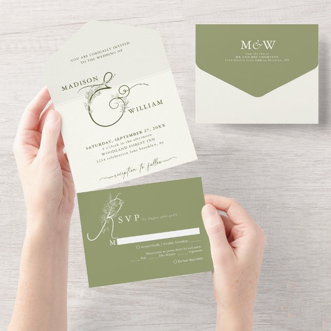 Elegant Ivory Moss Green Floral Ampersand Wedding All In One Invitation (Creator Uploaded)